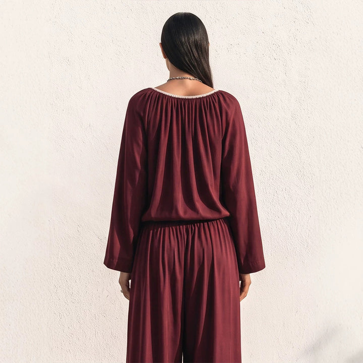 Damen Fließendes zweiteiliges Loungewear-Set aus Seidenoptik mit weiter Palazzohose und geraffter Tunika Echoarchiv