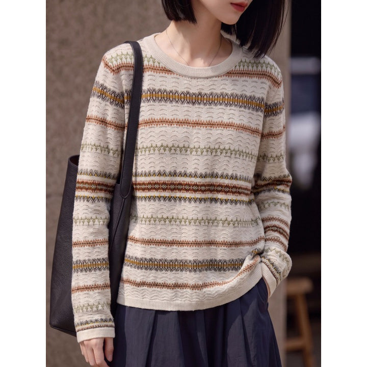 Damen Leichter Rundhals-Pullover im Norwegerstreifen-Design mit strukturierter Ajouroptik Echoarchiv