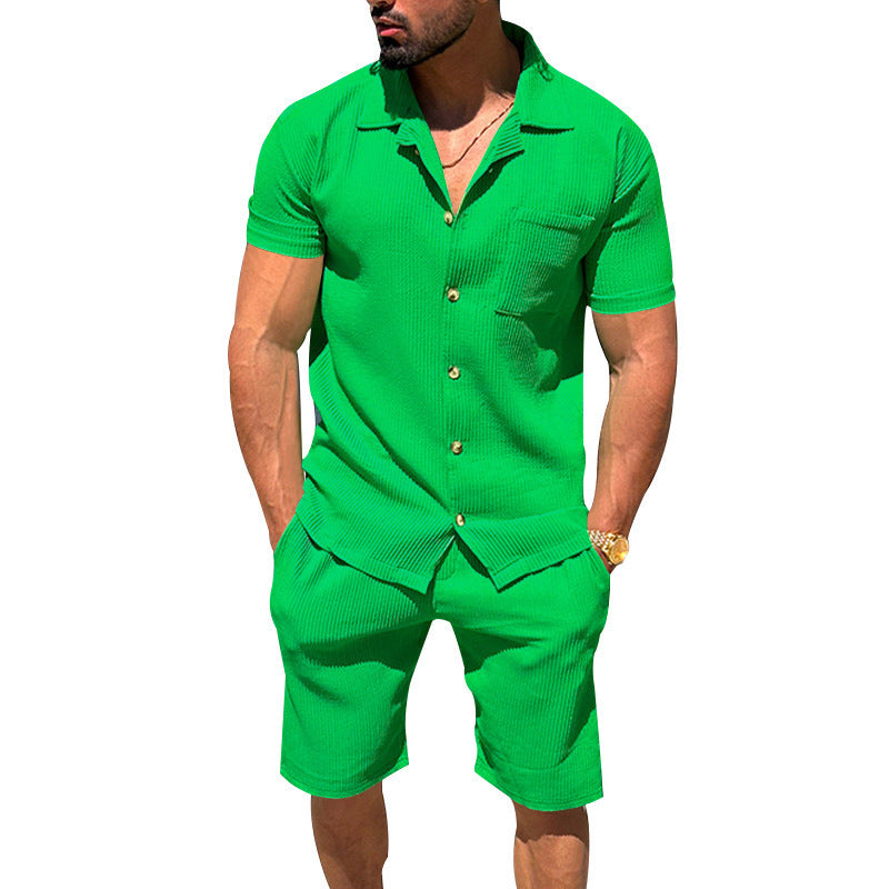 Herren lässiges Kurzarmhemd und Bermuda-Shorts Set mit strukturiertem Design Echoarchiv