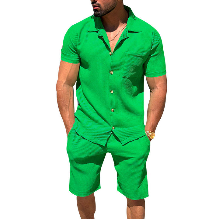 Herren lässiges Kurzarmhemd und Bermuda-Shorts Set mit strukturiertem Design Echoarchiv