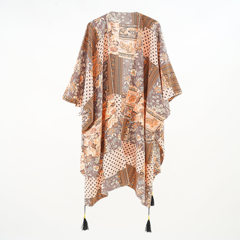 Damen Kaftan-Überwurf mit Patchwork-Blumenprint und Quasten – Avérine