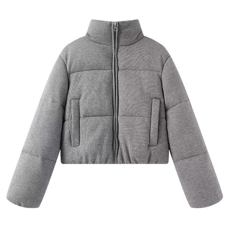 Damen cropped Teddy-Steppblouson mit hohem Kragen und verdecktem Reißverschluss – Célinea