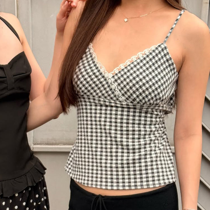 Damen V-Ausschnitt Vichy-Trägertop mit Spitzendetails Echo Archiv