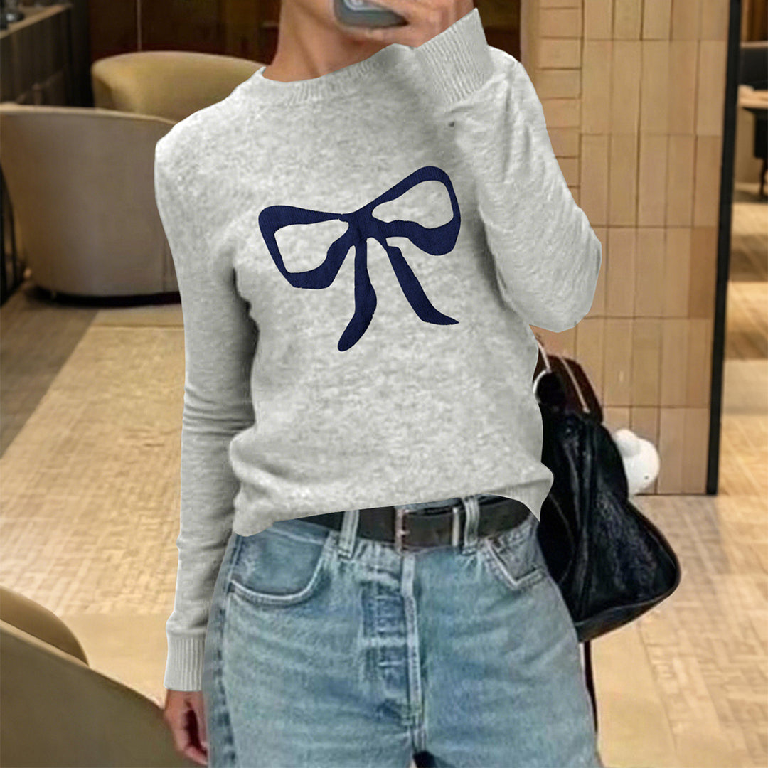 Damen Feinstrickpullover mit großem Schleifenprint, Rundhalsausschnitt und schmaler Passform – Mavelle