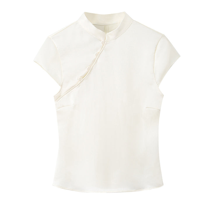 Damen elegantes Oberteil mit asymmetrischem Kragen und Knopfdetails Echo Archiv
