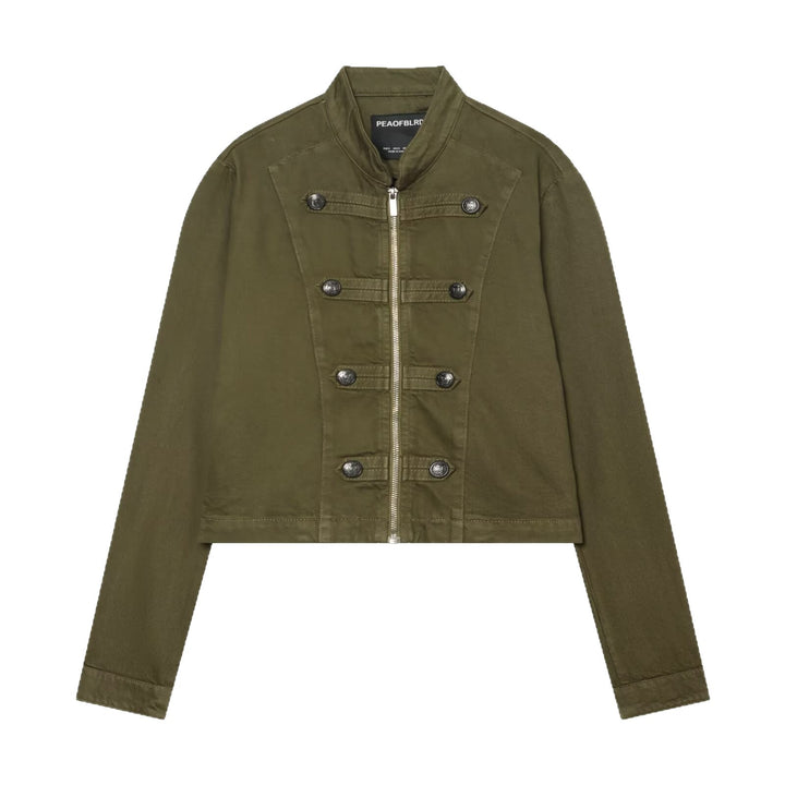 Damen Cropped Military‑Jacke mit Stehkragen, Zierknöpfen und Reißverschluss Echoarchiv