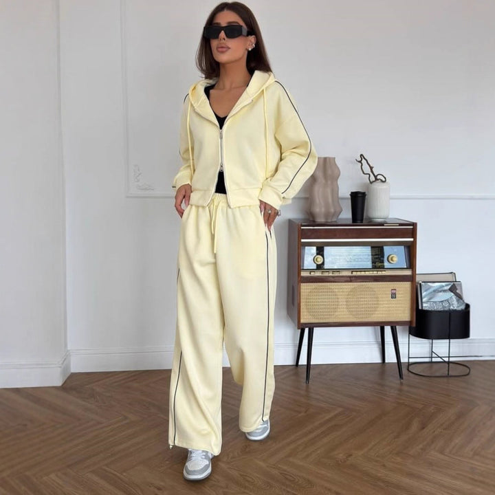 Damen Lässiges zweiteiliges Lounge-Set mit oversized Zipjacke und weitem Kordelzug-Hosenbund – Élanora