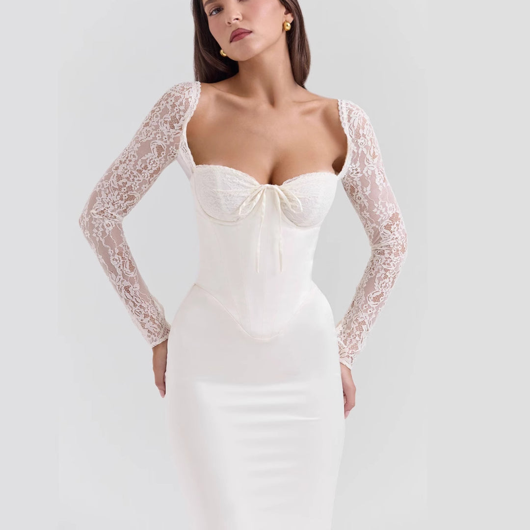 Damen Elegantes hochgeschlossenes Abendkleid mit Spitze und taillierter Silhouette Echo Archiv