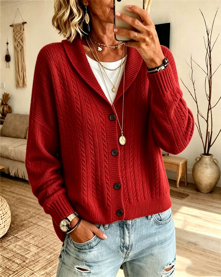 Damen Langer Schalkragen-Cardigan aus Zopfmuster mit gerippten Bündchen – Veloura