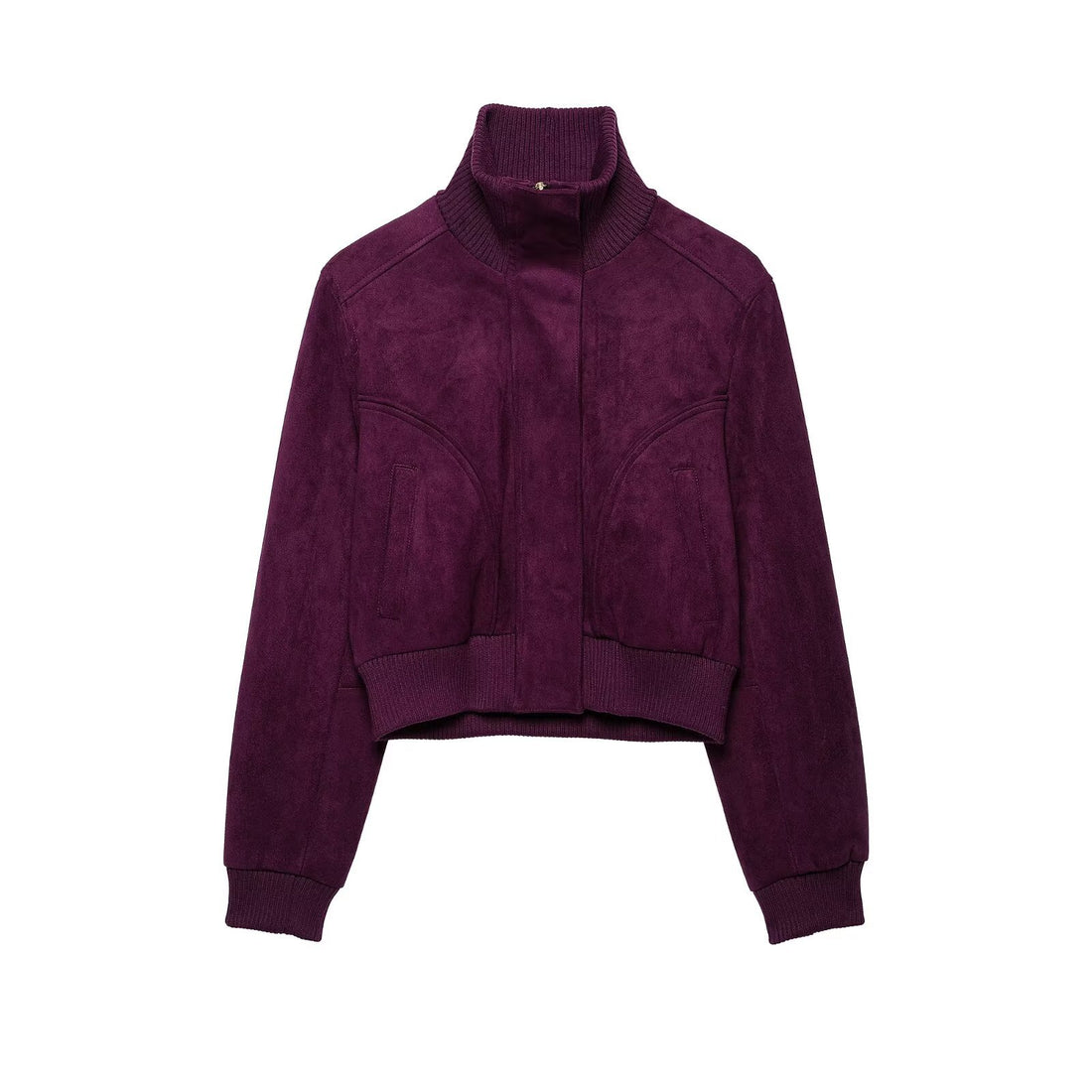 Damen Cropped Veloursjacke im Bomberstil mit hohem Rippkragen und Taillenbündchen Echoarchiv