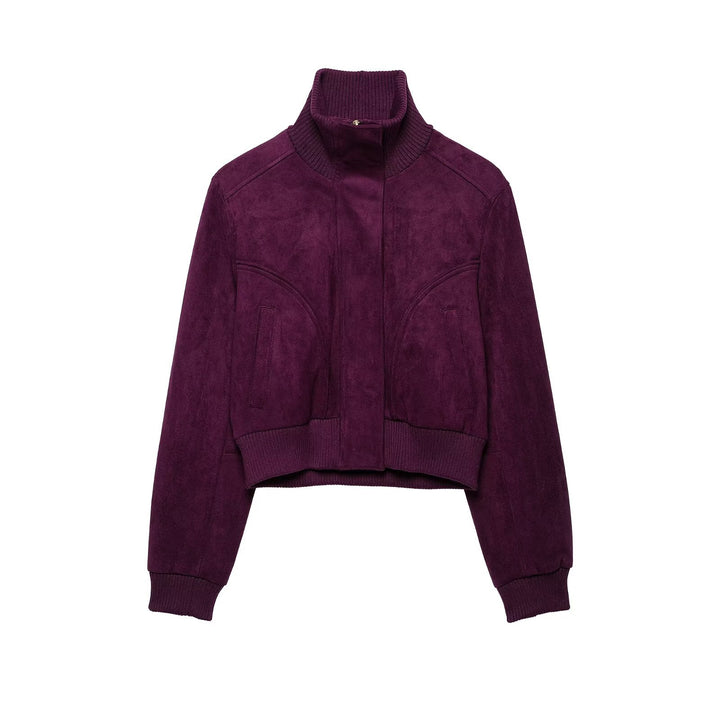 Damen Cropped Veloursjacke im Bomberstil mit hohem Rippkragen und Taillenbündchen Echoarchiv
