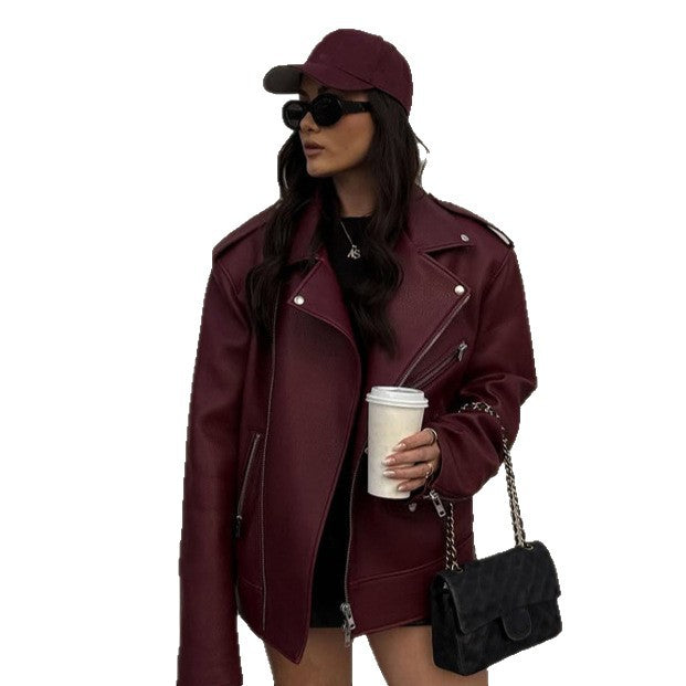 Damen Oversize Bikerjacke aus Struktur-Kunstleder mit asymmetrischem Reißverschluss Echoarchiv