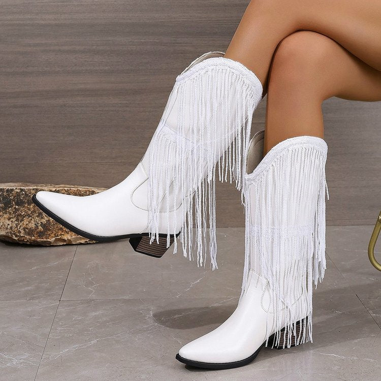 Damen kniehohe Fransen-Cowboystiefel mit feiner Perlenfransen-Verzierung und geformtem Blockabsatz Echo Archiv