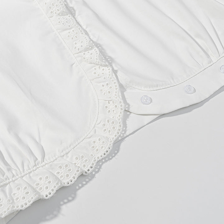 Damen Kurzbluse mit Broderie-Anglaise‑Besatz, Stehkragen und geraffter Taillenpartie Echo Archiv