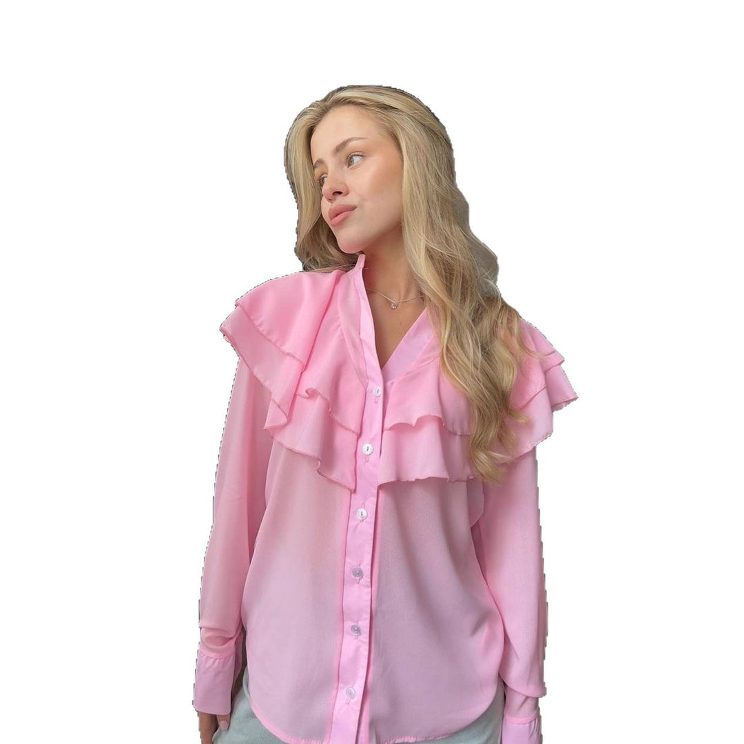 Damen Chiffon-Bluse mit mehrlagiger Volant-Rüsche und Perlmuttknöpfen Echoarchiv