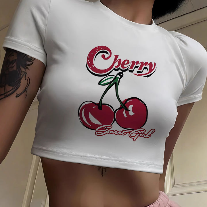 Damen Crop-T-Shirt mit fröhlichem Kirschmotiv Echo Archiv
