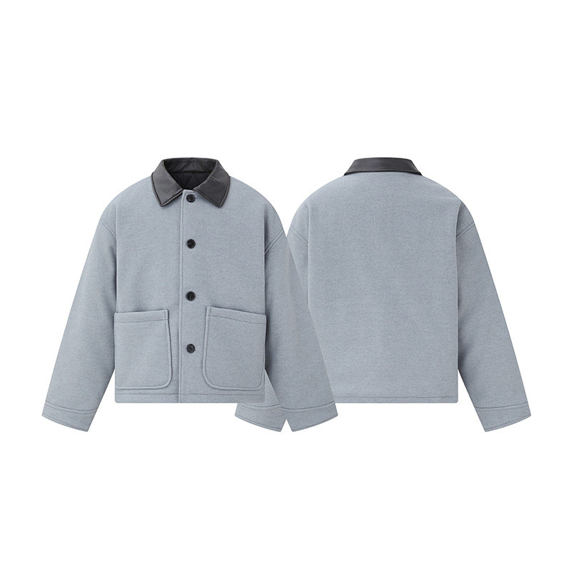 Unisex Kurzblouson im minimalistischen Workwear‑Look aus Wollmix mit Lederoptikkragen Echoarchiv