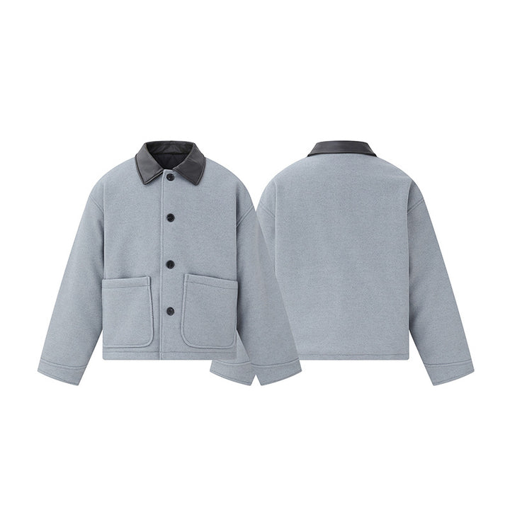 Unisex Kurzblouson im minimalistischen Workwear‑Look aus Wollmix mit Lederoptikkragen Echoarchiv