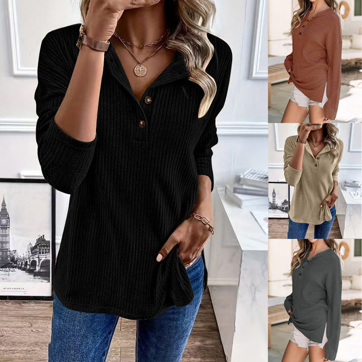 Damen Gerippter Longsleeve-Pullover mit Henley-Kragen und lässiger Tunika-Passform Echoarchiv