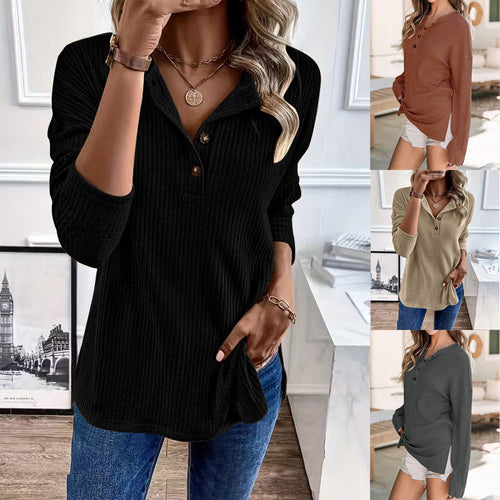 Damen Gerippter Longsleeve-Pullover mit Henley-Kragen und lässiger Tunika-Passform Echoarchiv