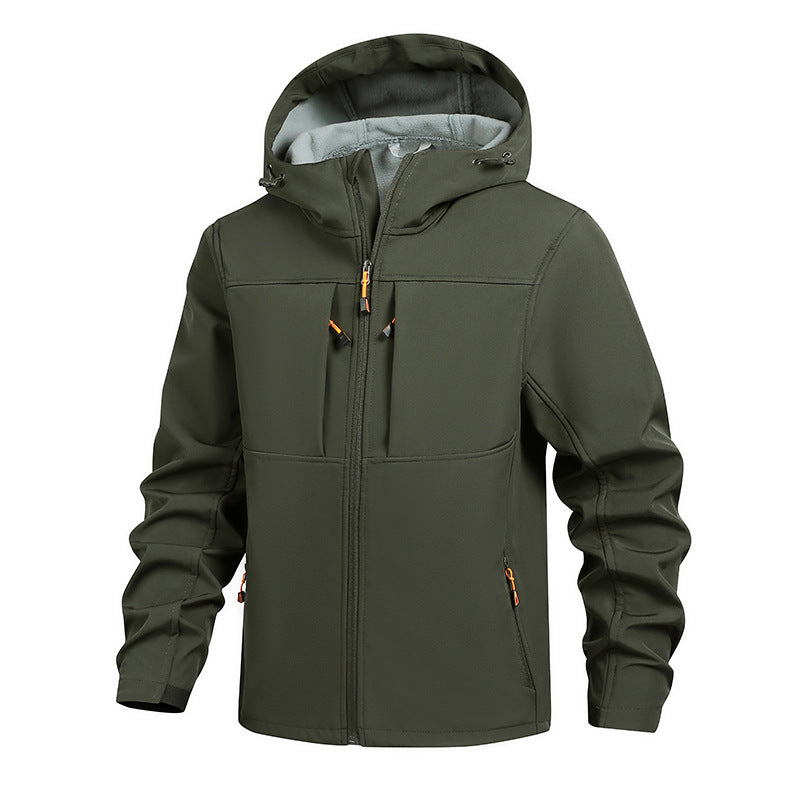 Herren Multifunktionale Softshell-Jacke mit verstellbarer Kapuze und mehreren Taschen Echoarchiv