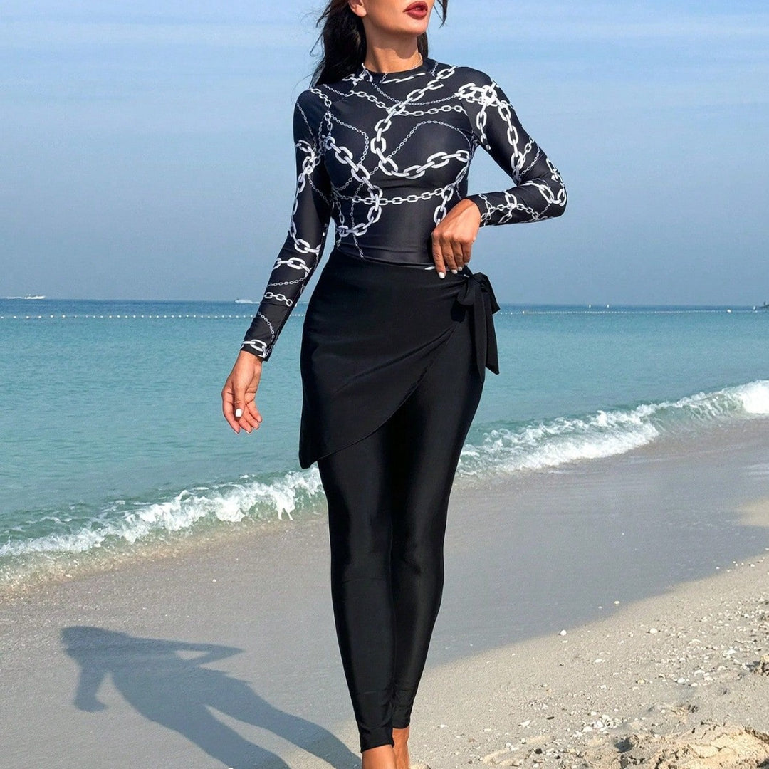 Damen Modischer Langarm-Swimwear-Anzug mit Wickelrock Echo Archiv