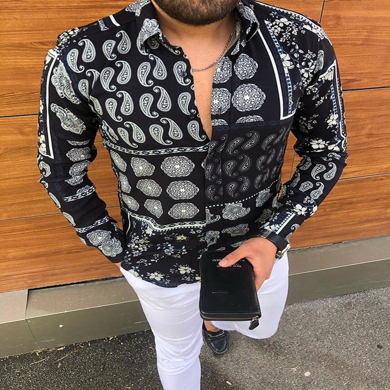 Herren Langärmeliges Patchwork-Hemd mit Paisley- und Blumenprint Echoarchiv