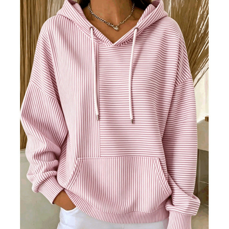 Damen Oversize Kapuzenpullover mit feinem Streifenprint, Kängurutasche und V-Ausschnitt-Kapuze – Auréline