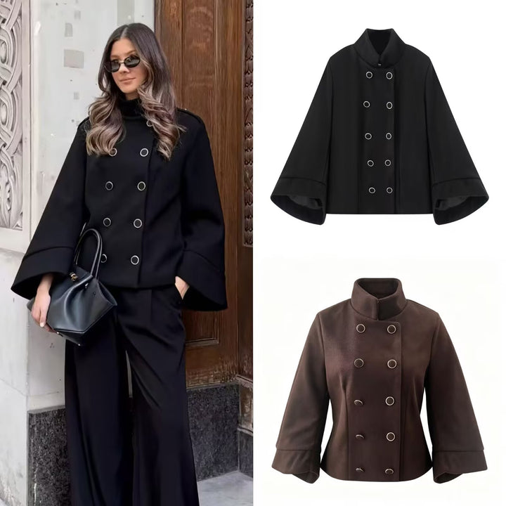 Damen Kurzjacke im Doppelreiher mit Stehkragen, taillierter Silhouette und Glockenärmeln Echo Archiv