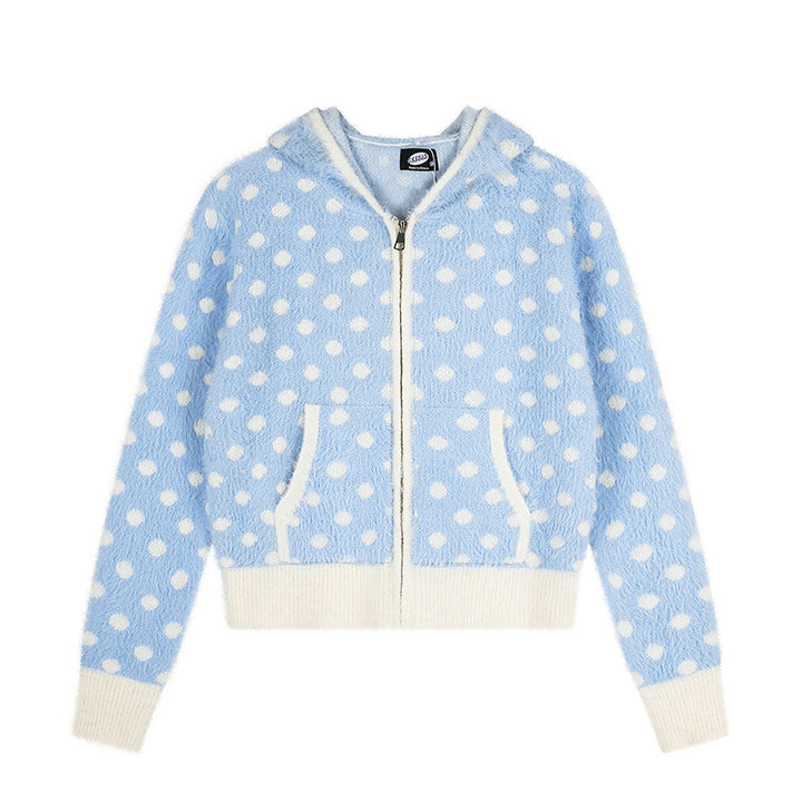 Damen Flauschige Kapuzen‑Zipjacke mit Polka‑Dot‑Jacquard und Eingrifftaschen Echoarchiv
