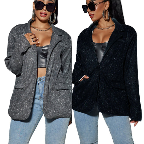Damen Glitzernder Oversize-Blazer mit Pattentaschen & schimmernder Struktur Echoarchiv