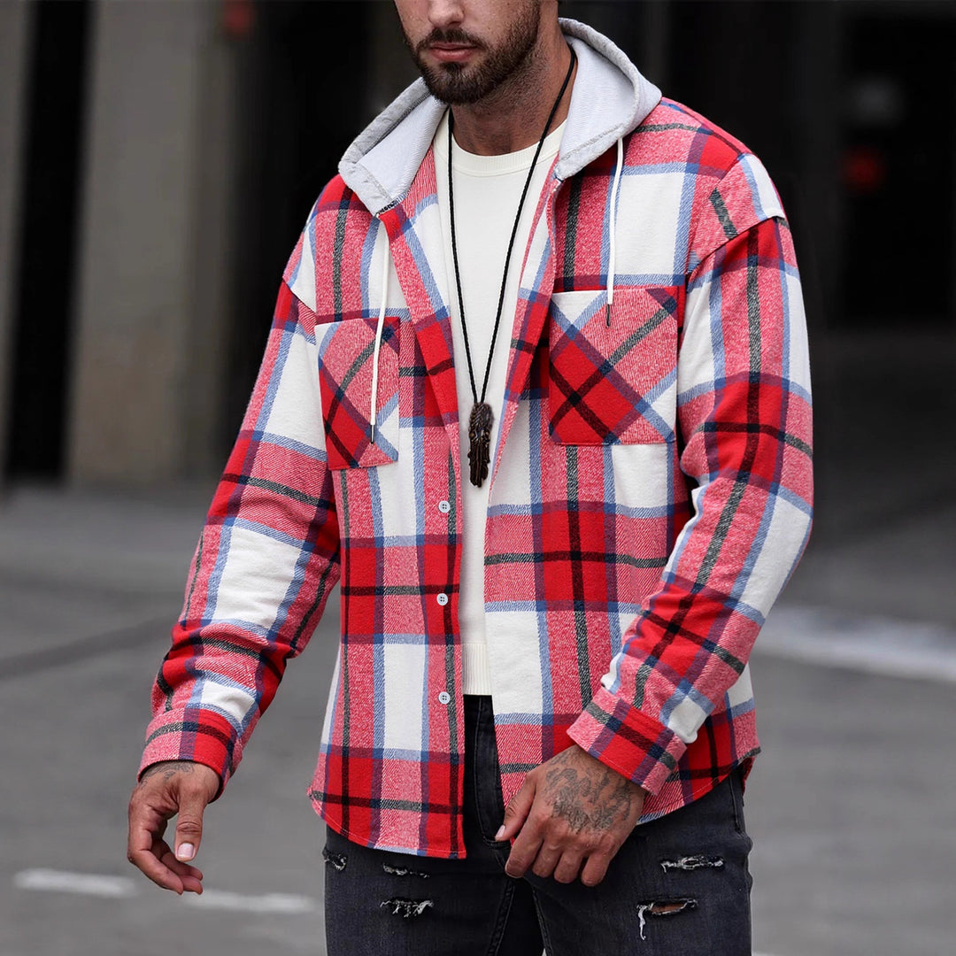 Herren Flanelljacke im lässigen Karomuster mit Kapuze und zwei Taschen Echoarchiv