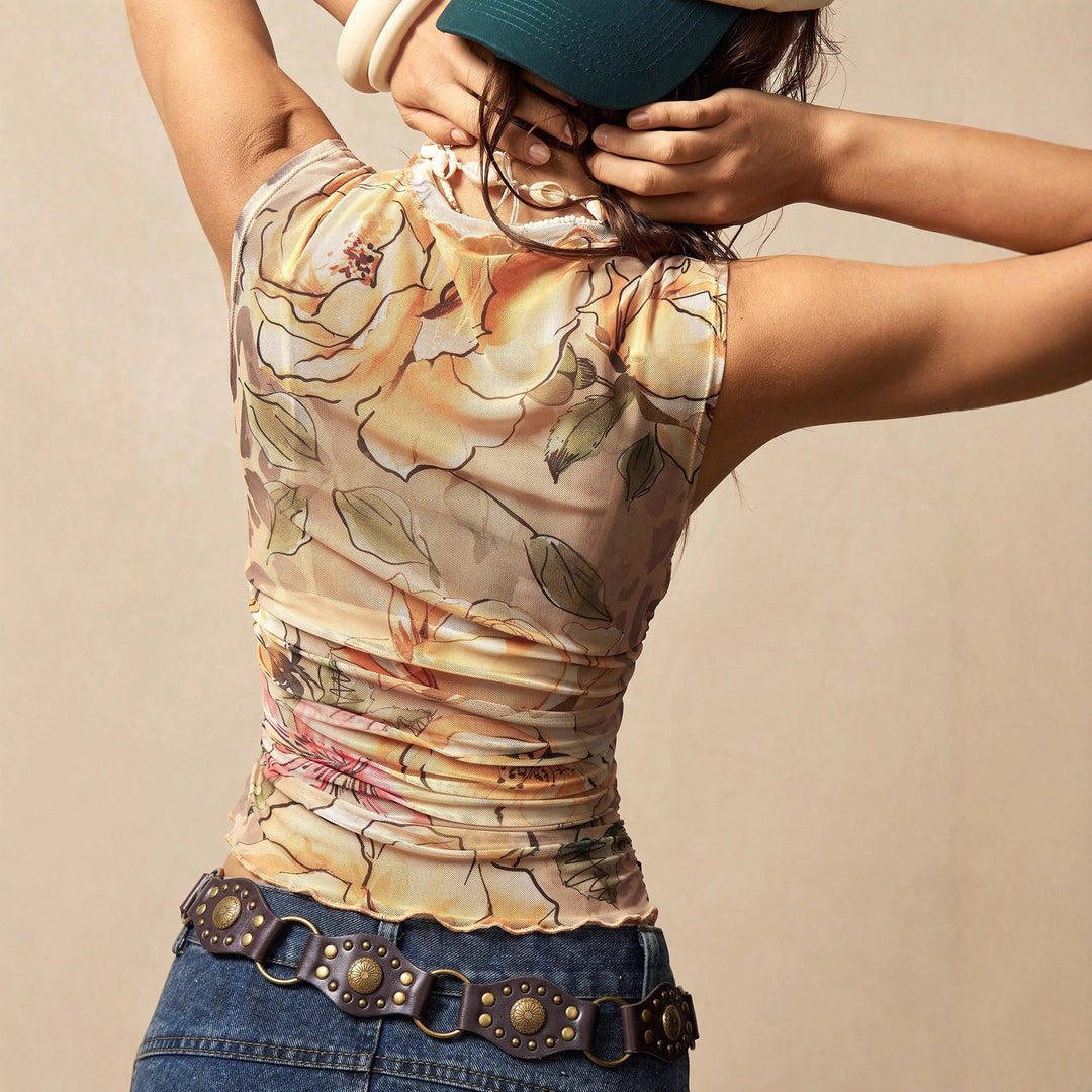 Damen nan figurnahes Mesh-Top mit floralem Aquarellprint, Stehkragen und seitlicher Raffung Echo Archiv