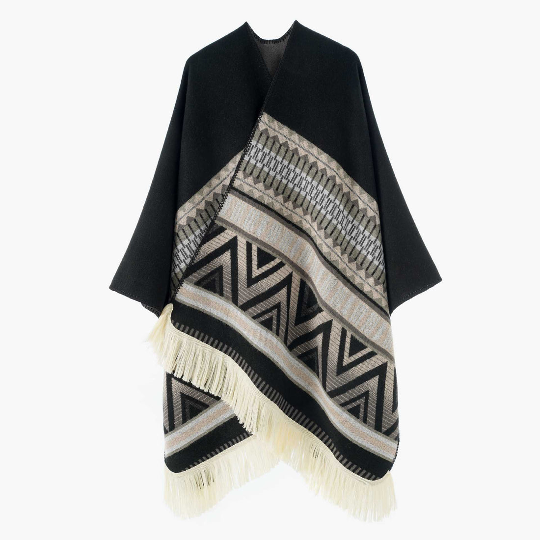 Damen Jacquard‑Ruana mit Fransen und folklorem Muster – Avérine