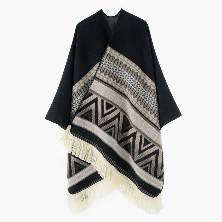 Damen Jacquard‑Ruana mit Fransen und folklorem Muster – Avérine