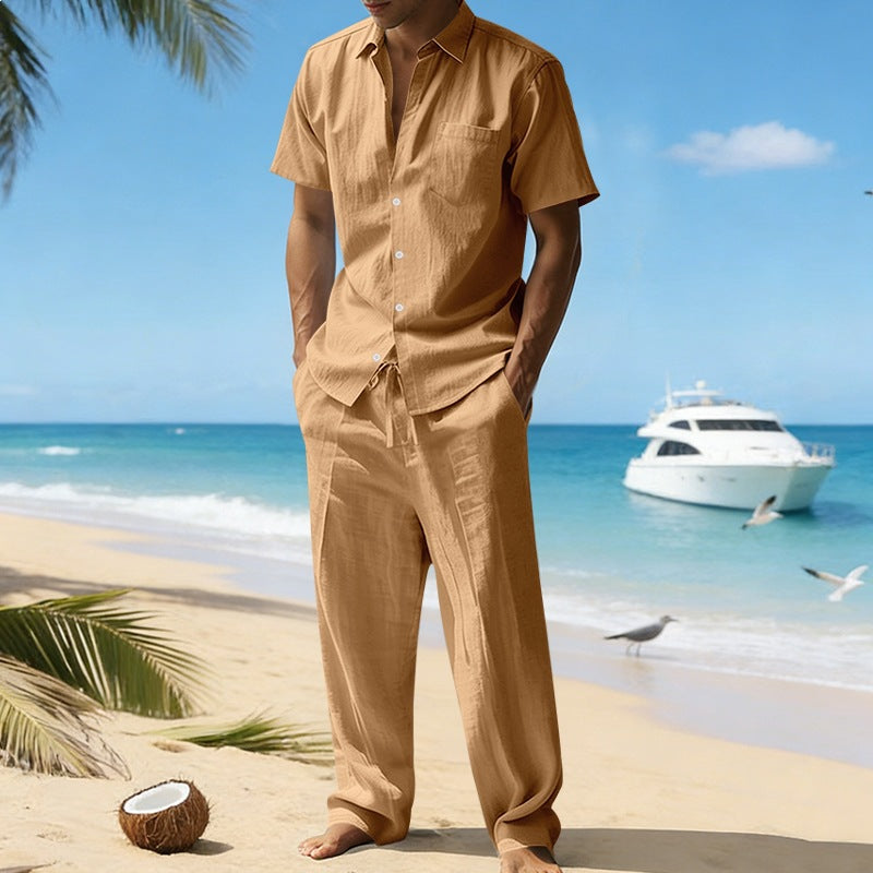 Herren nan resort-taugliches Kurzarm-Hemd mit Brusttasche und lässiger Leinen-Kordelhose Echo Archiv