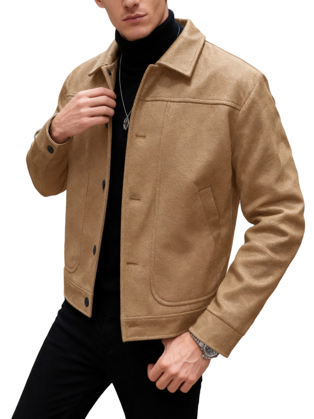 Herren nan moderner Trucker-Overshirt aus Velourslederimitat mit Ziernähten und aufgesetzten Taschen Echo Archiv