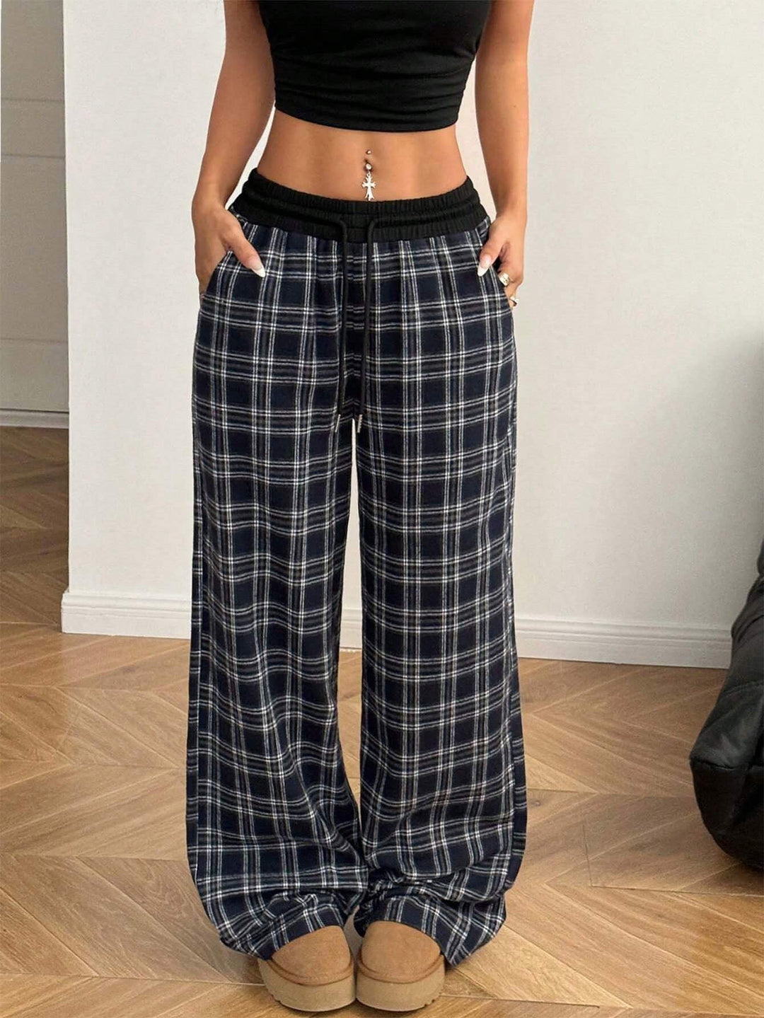 Damen weite karierte Lounge-Hose mit hohem Gummibund und Kordelzug Echo Archiv