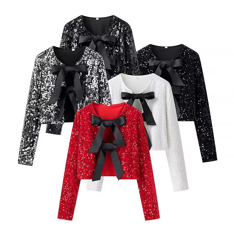 Damen glitzernde Cropped-Bolerojacke mit Paillettenbesatz und dekorativen Satinschleifen – Célinea
