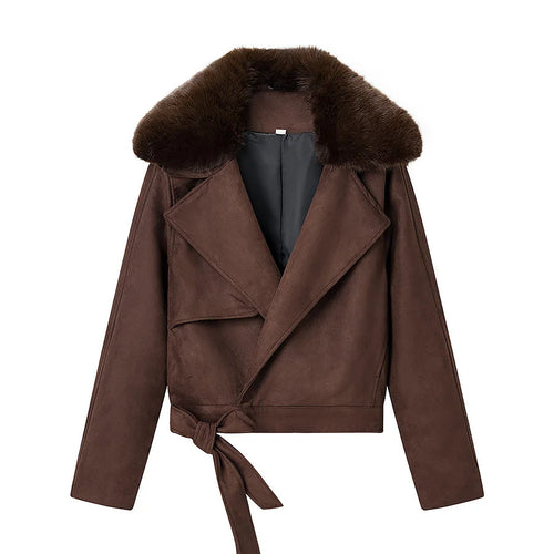 Damen nan kurze Veloursoptik-Jacke mit breitem Teddykragen und Bindegürtel Echo Archiv