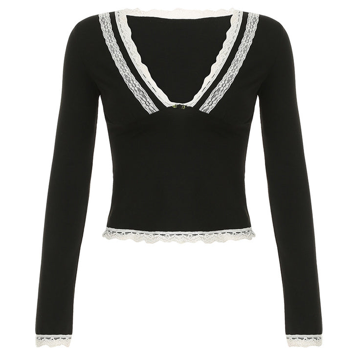 Damen nan tailliertes Langarm-Crop-Top mit tiefem V-Ausschnitt, zarter Spitzenkante und unterstützender Unterbrustnaht Echo Archiv