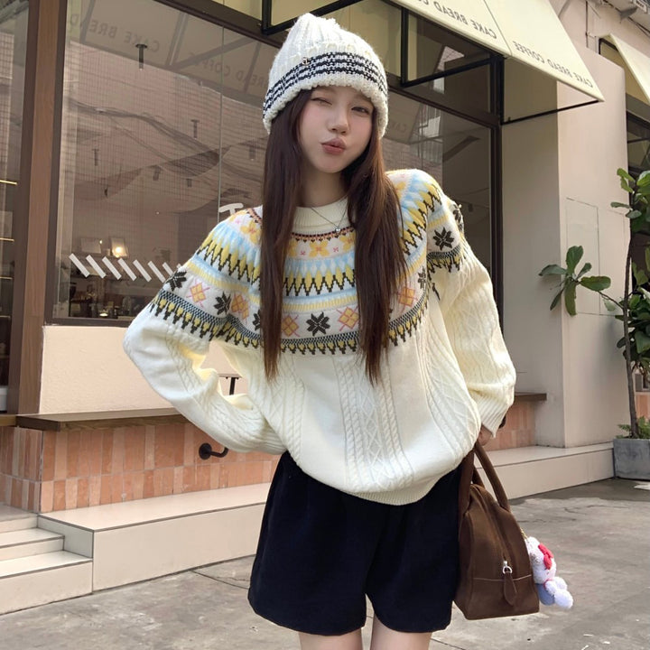 Damen Modischer Grobstrickpullover mit Norweger-Muster Echoarchiv