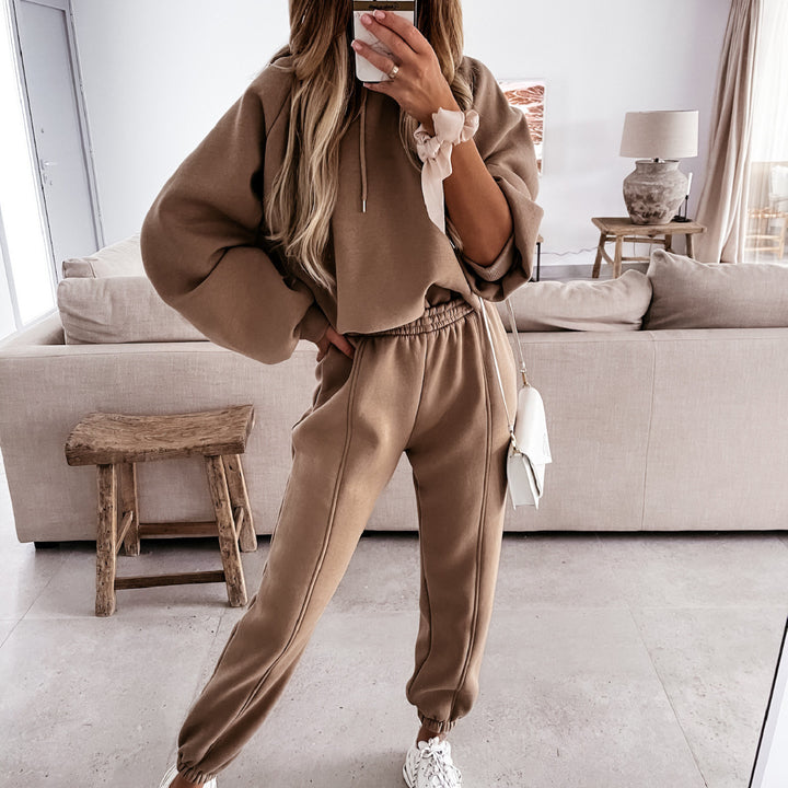 Damen kuscheliges Lounge-Zweiteiler-Set mit oversized Kapuzenpullover, Balloon-Ärmeln und taillierter Jogginghose – Auréline