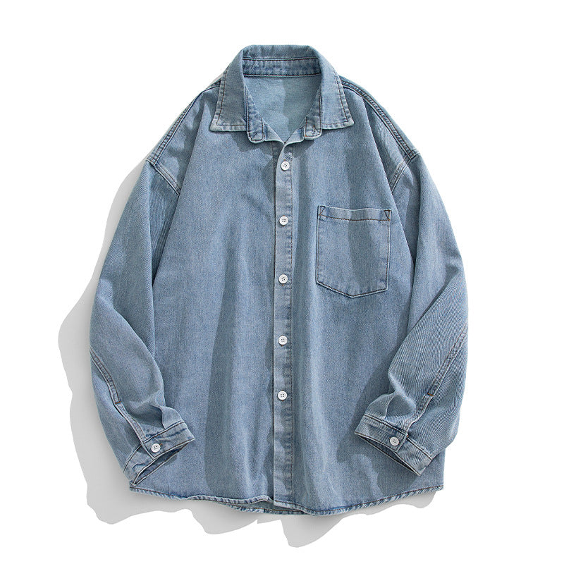 Unisex Locker geschnittenes Denim-Hemd mit Brusttasche und abgerundetem Saum Echo Archiv
