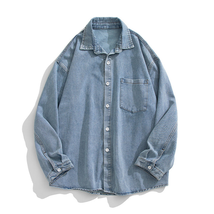 Unisex Locker geschnittenes Denim-Hemd mit Brusttasche und abgerundetem Saum Echo Archiv