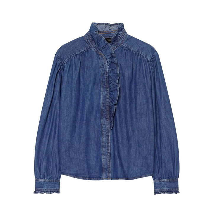 Damen Weiche Denim-Tunika mit Rüschenblende, Stehkragen und Ballonärmeln Echo Archiv