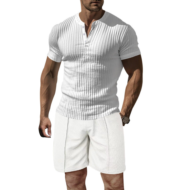 Herren modernes Kurzarm-Henley-T-Shirt mit geripptem Design Echoarchiv