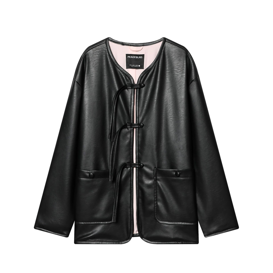 Damen Oversized Kunstlederjacke mit Knebelverschlüssen und aufgesetzten Pattentaschen – Célinea