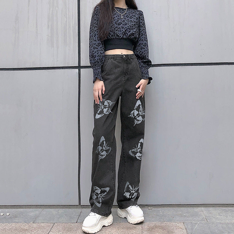 Damen nan weite High-Waist-Jeans mit Gothic-Schmetterlingsprint und entspanntem Straight-Leg Echo Archiv