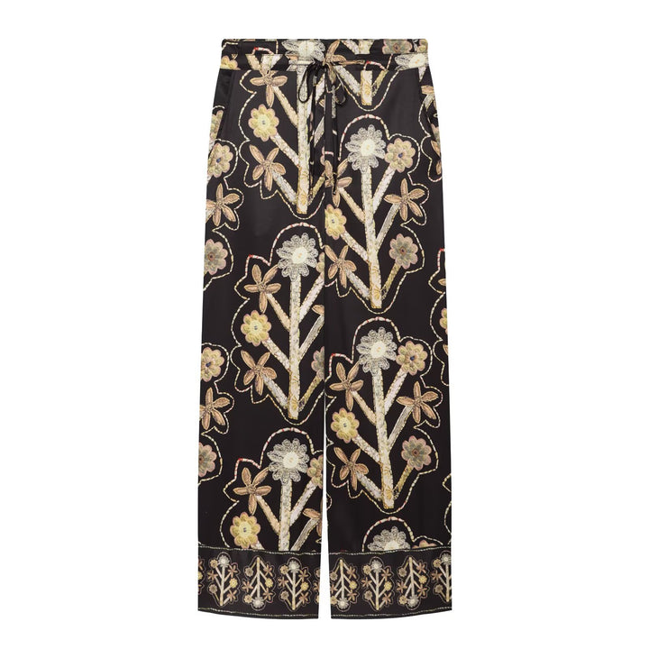 Damen Weite Satin-Hose mit floraler Stickerei, Tunnelzug und Bordürensaum Echo Archiv